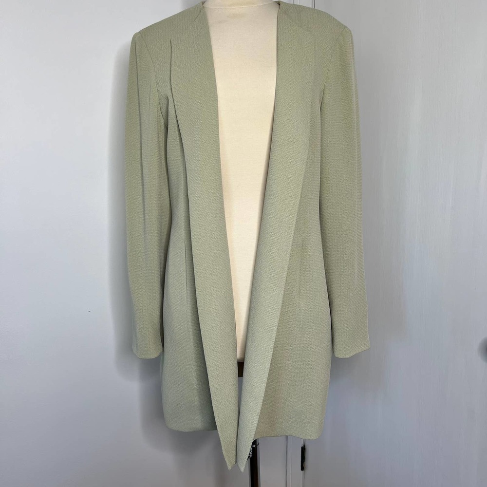 Talbots Women's Blazer Tan-Green Tone Suite - Long Open Front Cardigan Size 14
